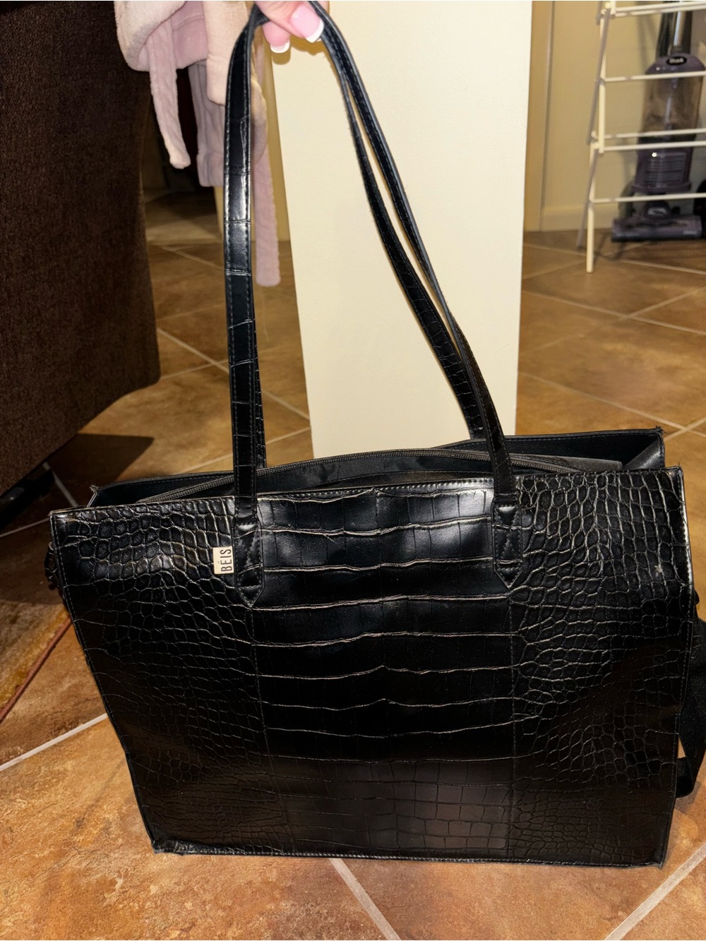 BEIS Black Croc-Embossed Tote